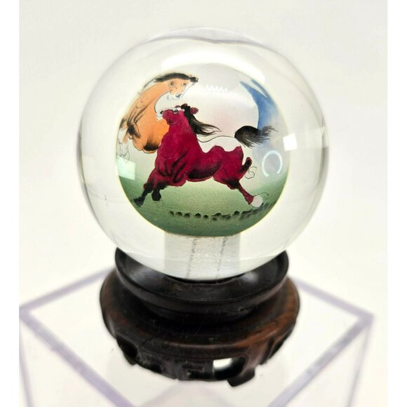 Hand-Painted Crystal Glass Ball Globe With Horses Asian Decor Wooden Stand je218 - Picture 6 of 8